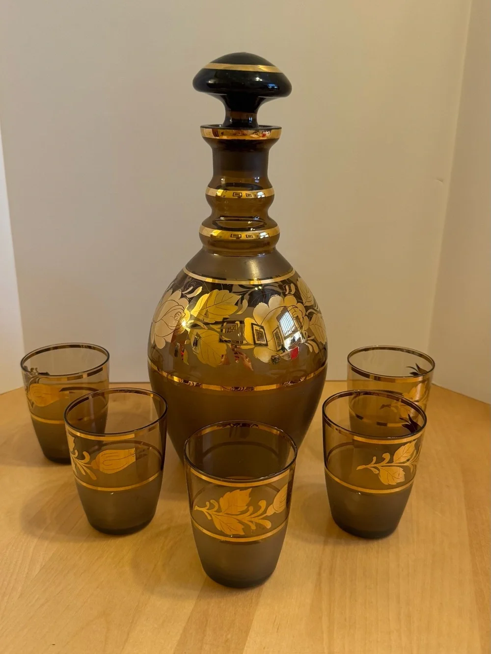 VTG Czech Bohemia smoky glass decanter set w/gilded trim and floral accents
